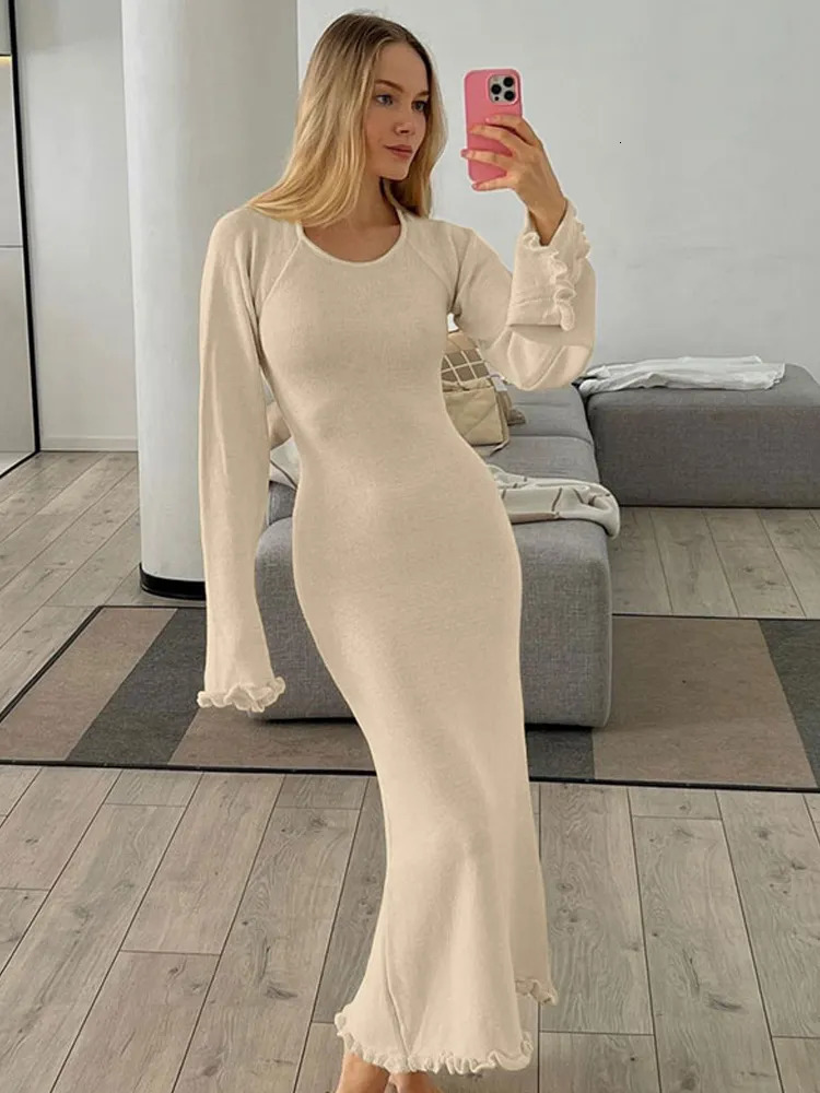 Urban Sexy Dresses Elegant Summer Knitted Maxi Dress Long Sleeve Casual O-neck Holiday Beach Dresses Backless Evening Party Night Club Vestidos 231011