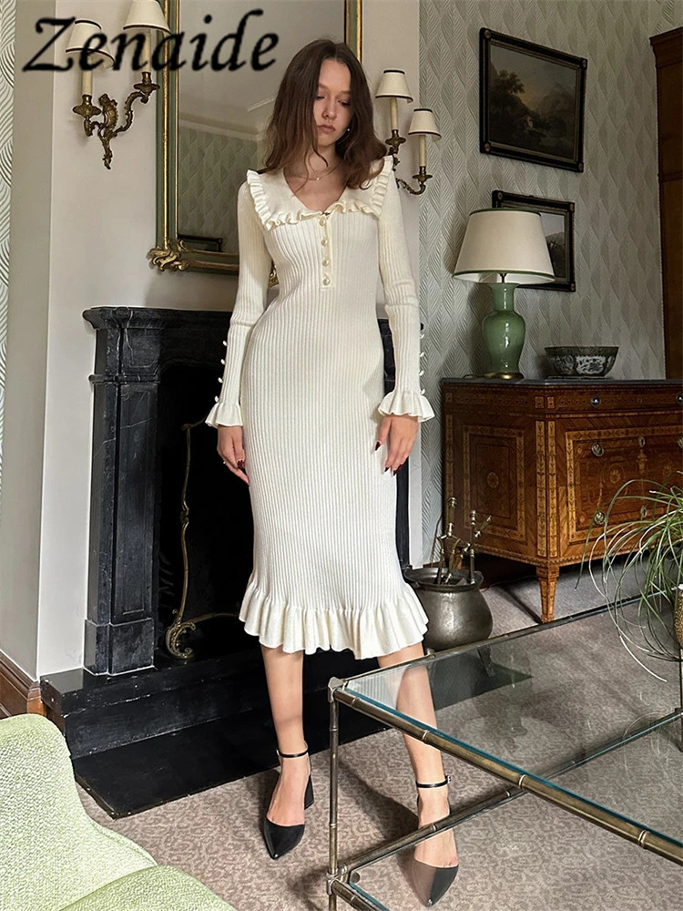 Urban Sexy Dresses Zenaide Fall Ruffles Patchwork Knit Midi Dress for Women Elegant Ribbed Long Sleeve Party Gown Knitwear Fashion Vintage 231011