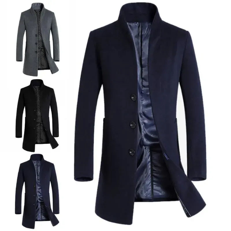Men's Wool Men Winter Warm Solid Color Woolen Trench Coat Slim Outwear Overcoat Long Jacket With Button