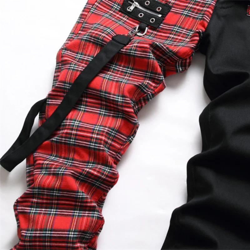 Men's Jeans Fashion Red Plaid Patchwork Punk Zipper Men Pencil Jeans Trousers Y2K Buckle Hip Hop Gothic Slim Denim Pants Pantaloni Uomo 231011