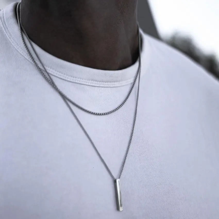 Chokers Vnox 3D Vertical Bar Necklaces for Men Layering Stainless Steel Geometric Pendant Layered Wheat Rope Cuban Chain Boy Collar 231012