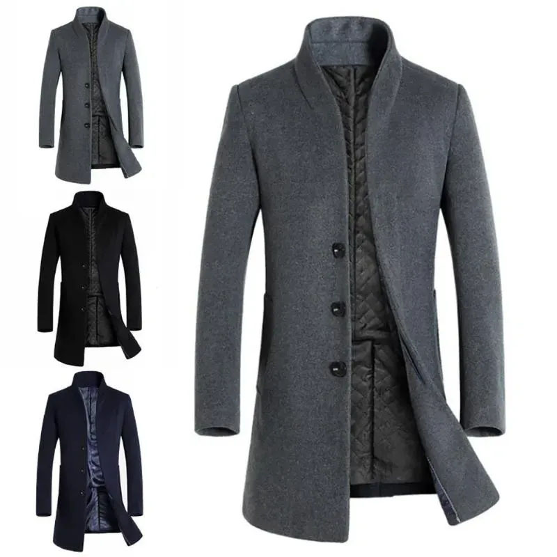 Men's Wool Men Winter Warm Solid Color Woolen Trench Coat Slim Outwear Overcoat Long Jacket With Button