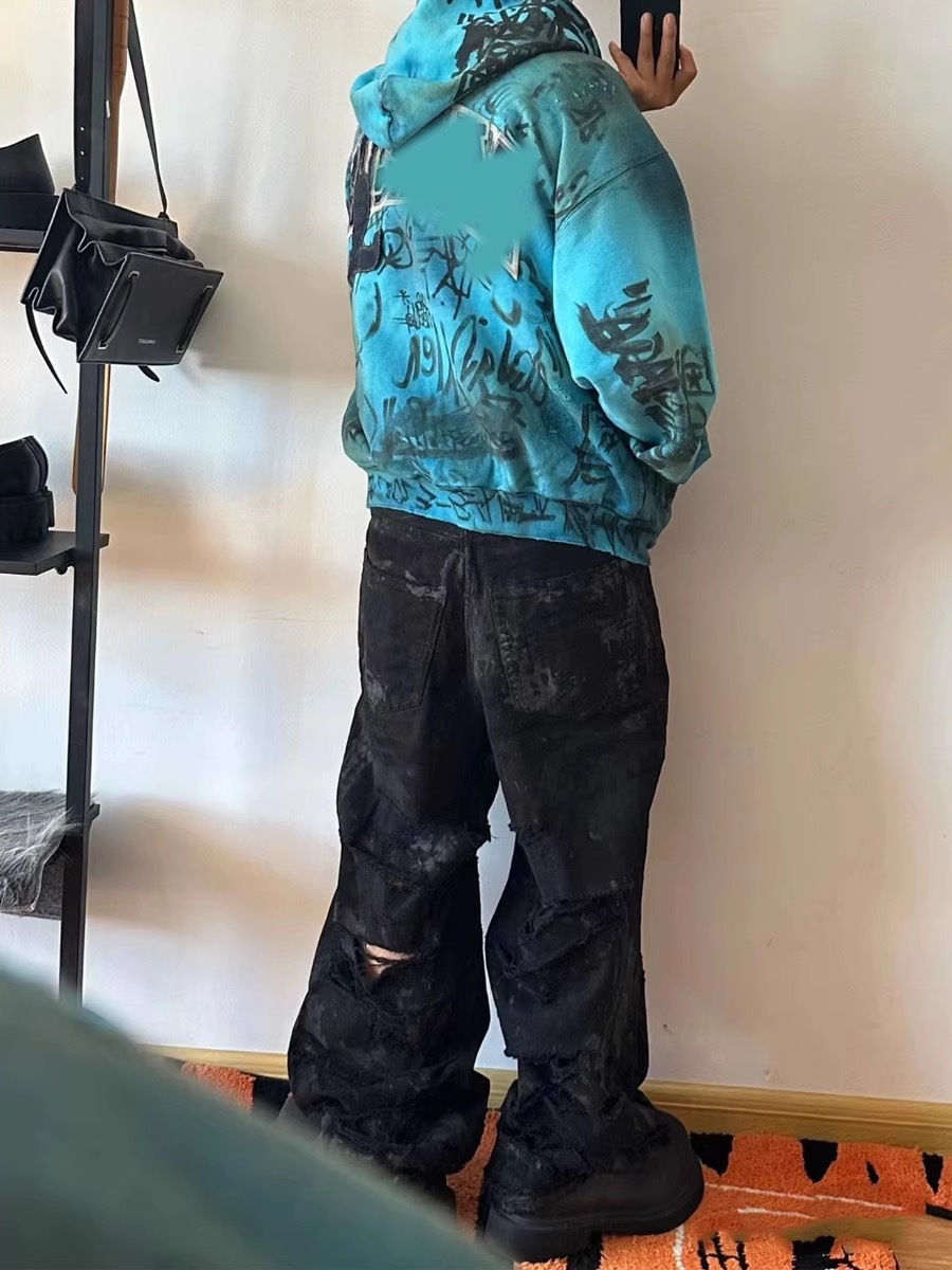 Original bale Washed Loose Dyed Torn Dirty Jeans Graffiti Torn Holes Jeans Distressed High Street Casual Jeans Loose Men Hiphop Jeans