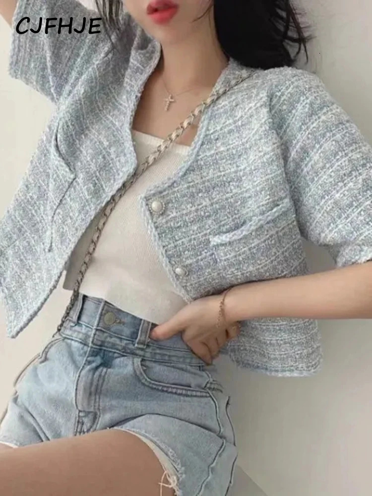 Women's Jackets CJFHJE Korean Chic Oneck Double Pockets Coat Women Summer Pearl Button Breasted Loose Short Sleeve Tweed Jacket 231011