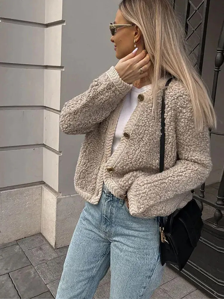 Women's Jackets Elegant Lamb Wool Spliced Coat Casual Oneck Button Long Sleeve Female Jacket 2023 Autumn Winter Office Lady Commute 231011