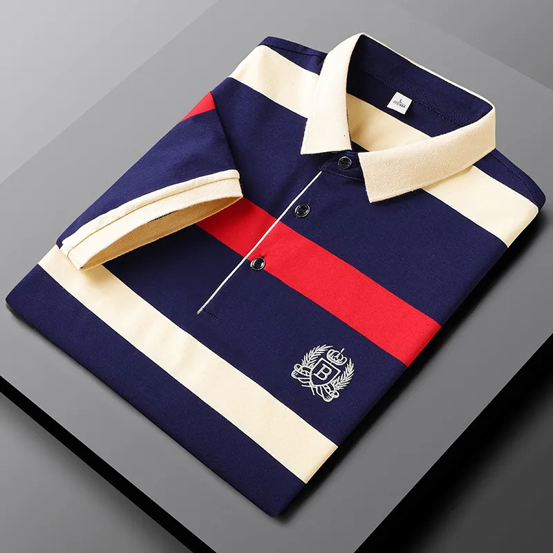 Men's Polos Summer Short Sleeve Polo Shirts Men TShirt 2023 Cotton Striped Embroidered Business Casual Men''s Clothing Male Tees 231011