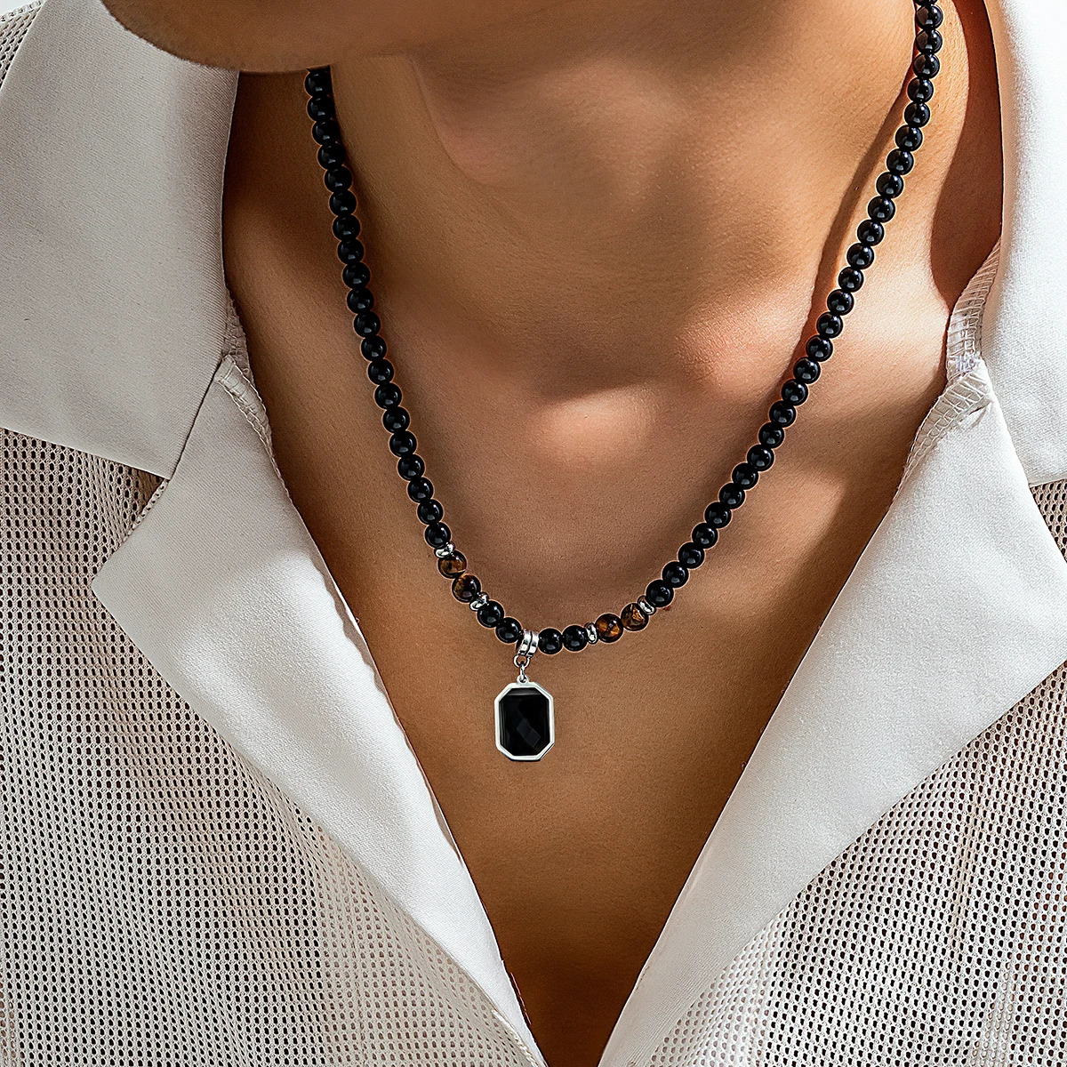 Chokers PuRui Hip Hop Stainless Steel Geometric Pendant Necklace for Men Black Acrylic Natural Stone Beads Choker Boy Neck Chain Jewelry 231012