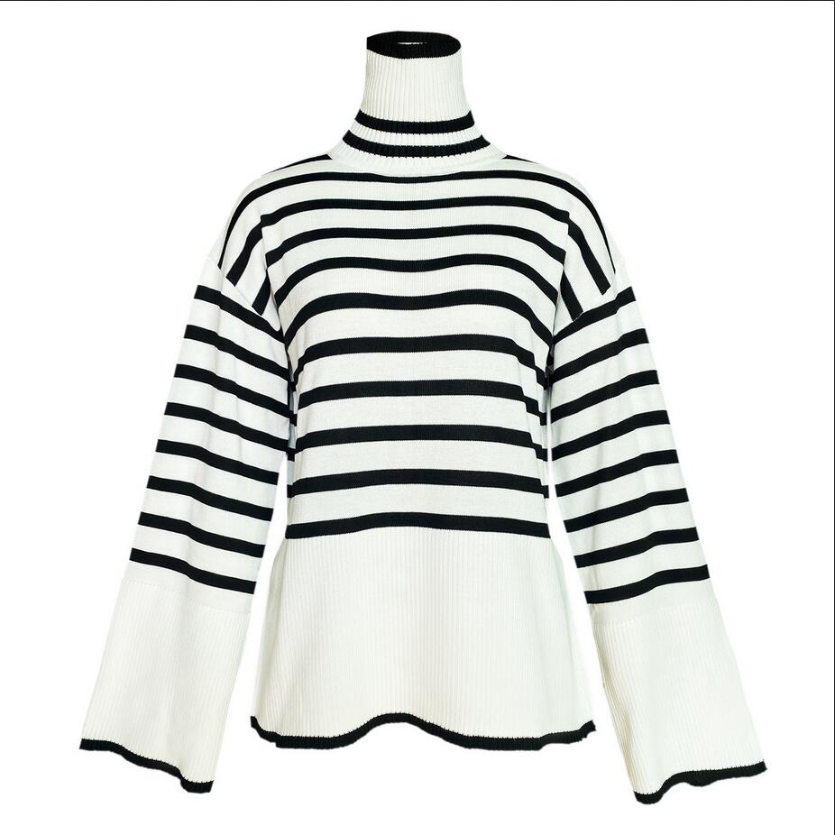 2024 Autumn/Winter New Tot Women's High Neck Knitted Stripe Split Sweater Top