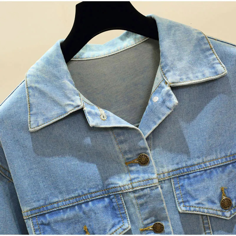 Women's Plus Size Outerwear Coats Plus Size Harajuku Back Sequins Short Denim Jackets 3Xl 4Xl Women Light Blue Three Quarters Sleeve Bomber Jacke