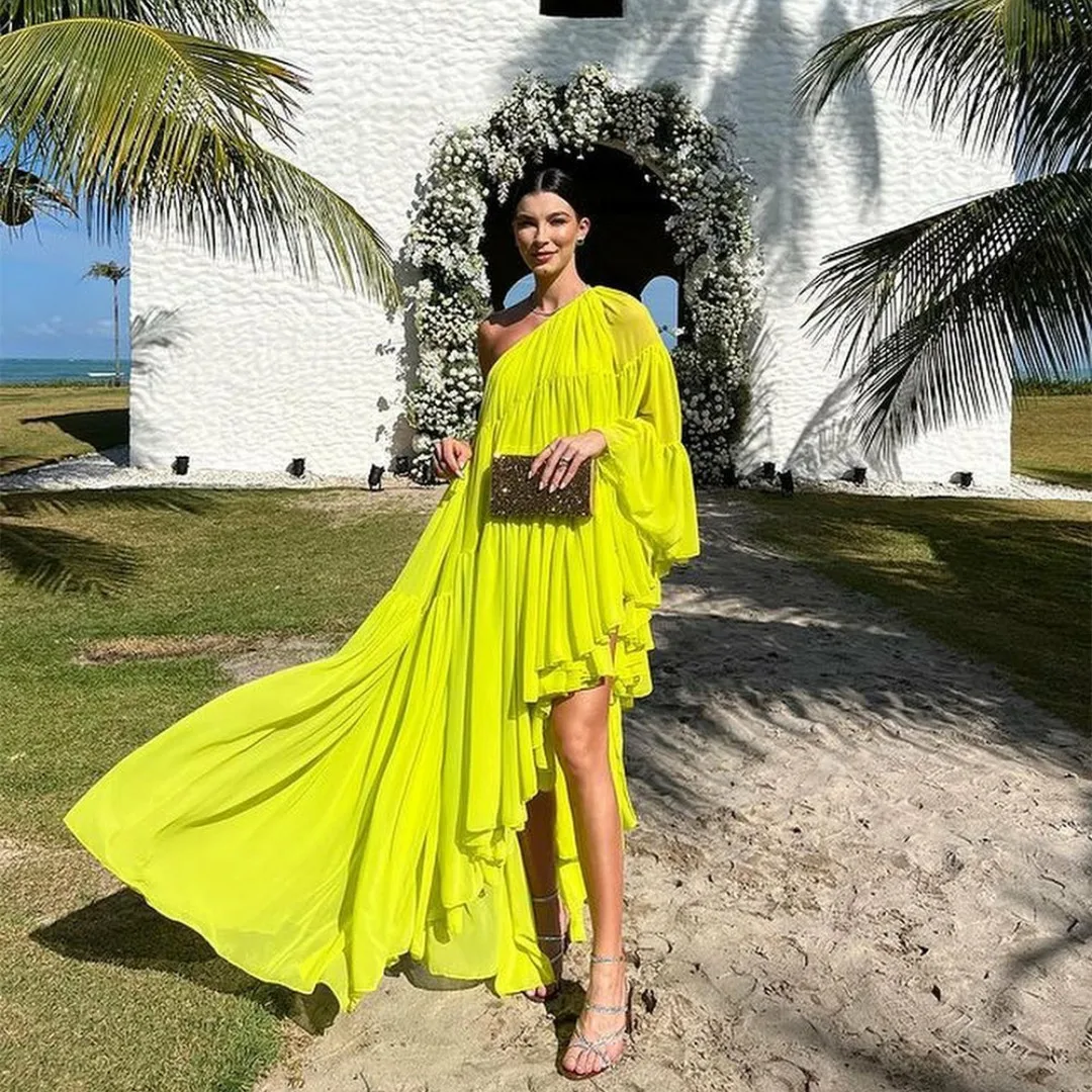 Elegant Long One Shoulder Chiffon Brazilian Evening Dresses Full Sleeves With Slit A-Line Floor Length Prom Formal Dress for Women