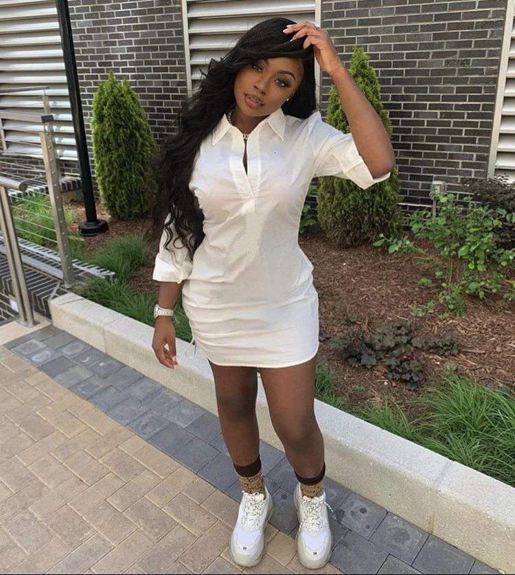 Urban Sexy Dresses Casual Ruched Mini Dres Solid Slim Button Down Shirt Bodycon Evening Club Night Out Party Dresse 231011