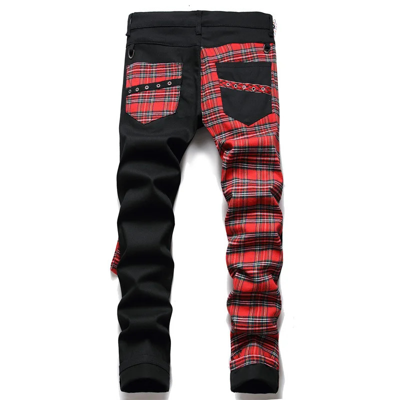 Men's Jeans Fashion Red Plaid Patchwork Punk Zipper Men Pencil Jeans Trousers Y2K Buckle Hip Hop Gothic Slim Denim Pants Pantaloni Uomo 231011