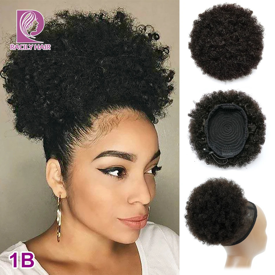 Lace Wigs Racily Hair Afro Puff Drawstring Ponytail Human Hair Brazilian Short Curly Drawstring Ponytail Afro Puff Bun Chignon Accessories 231012