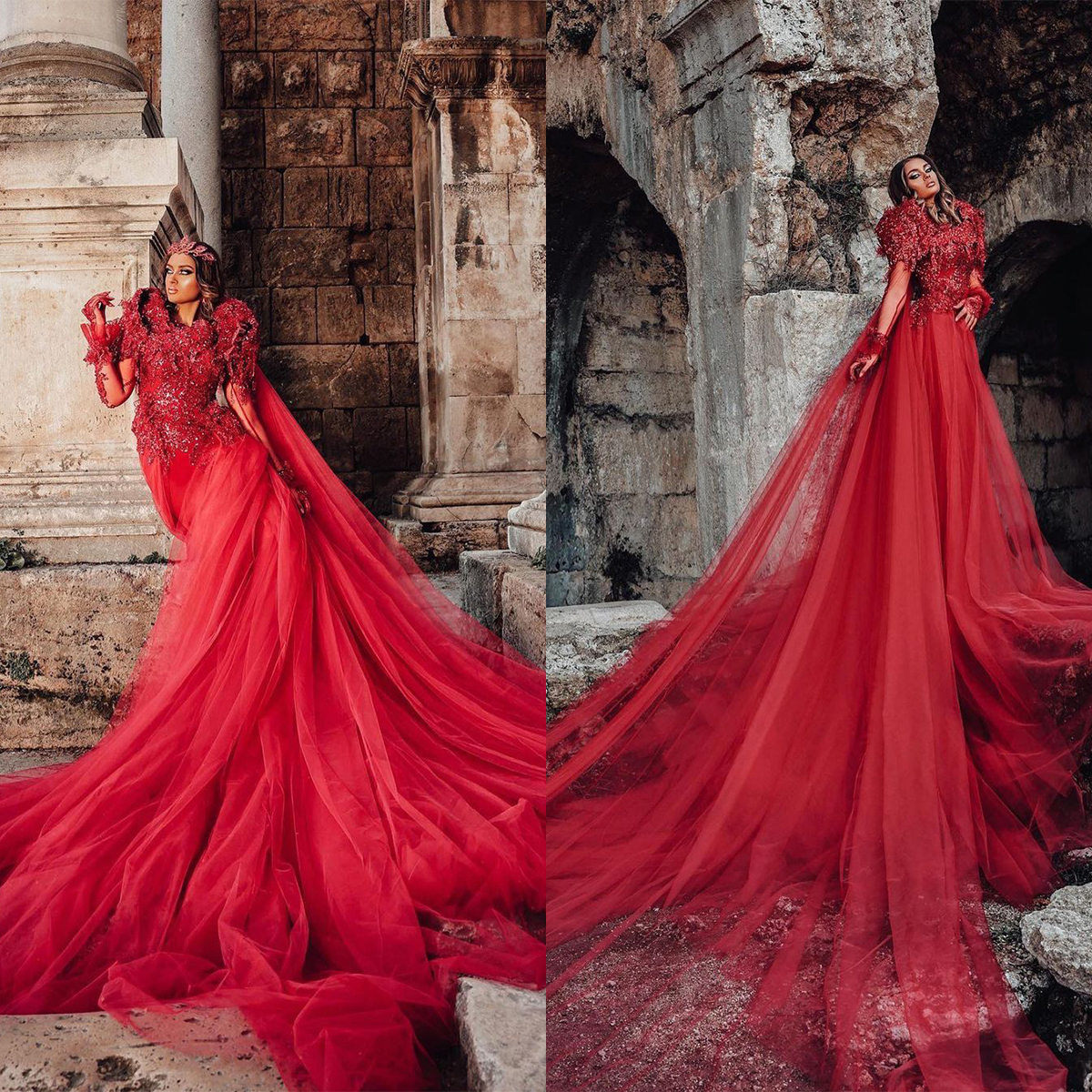 Red A Line Wedding Dress Capped Long Sleeve Lace Bridal Gowns Appliques Beads Sweep Train Bride Dressses