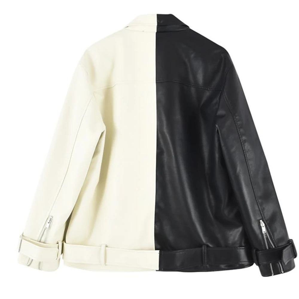 Women's Leather Faux Leather Spring Autumn Lapel Splicing Pu Leather Jacket Women Moto Frenulum Faux Soft Leather Coat Casual Loose Outwear With 