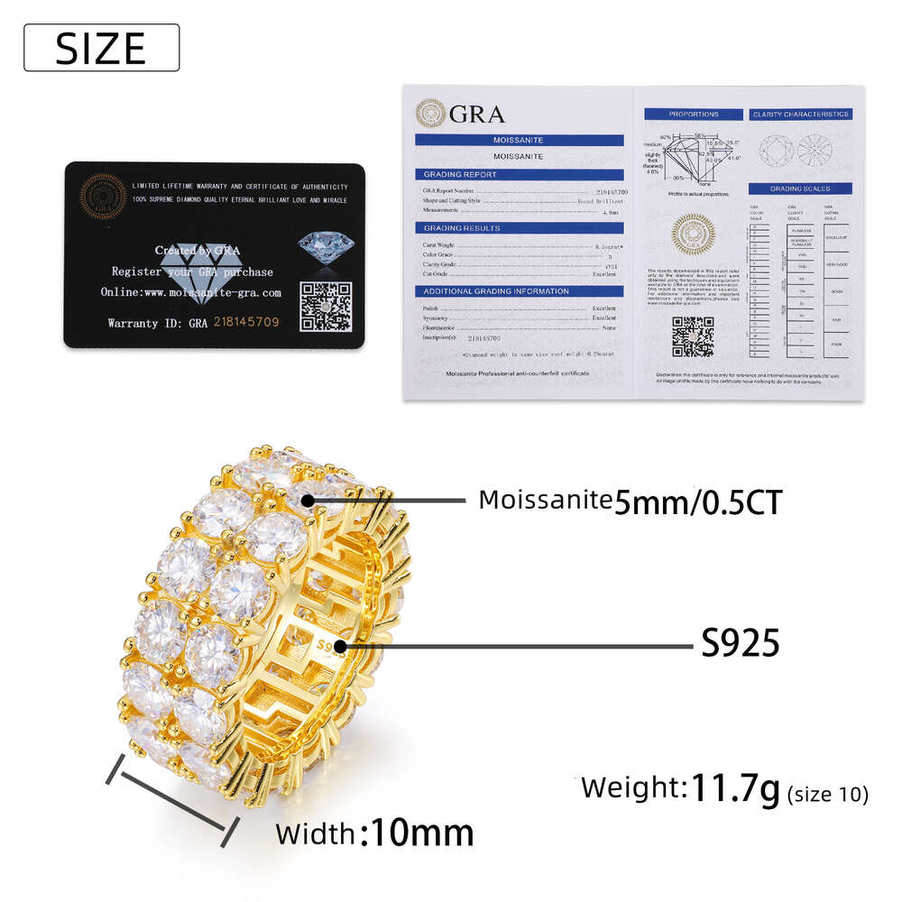 Fashion Shiny 2 Rows Moissanite Ring For Men Pass Dia Tester Sterg Sier Jewelry Rings