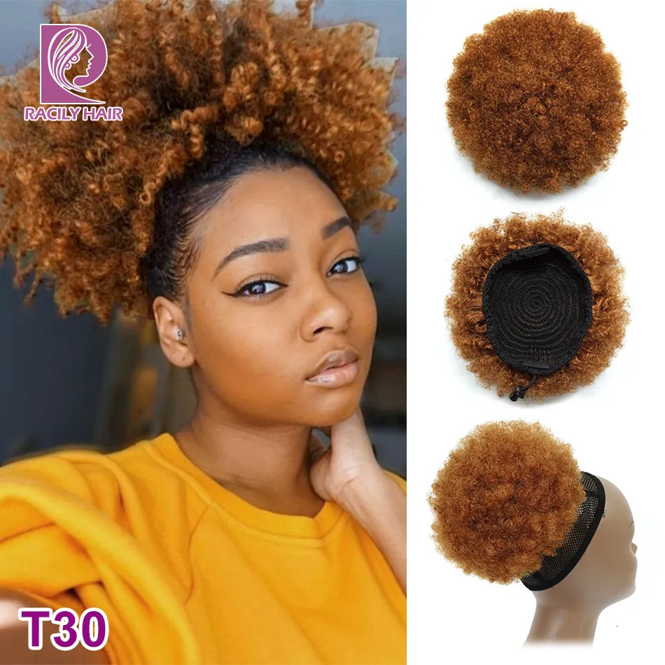 Lace Wigs Racily Hair Afro Puff Drawstring Ponytail Human Hair Brazilian Short Curly Drawstring Ponytail Afro Puff Bun Chignon Accessories 231012