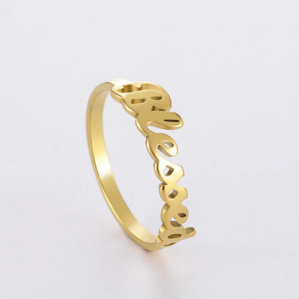 Solitaire Ring COOLTIME Letters Blessed Rings Stainless Steel Gold Color Couple Finger for Women Men Fashion 2023 Wedding Jewelry Gift 231012