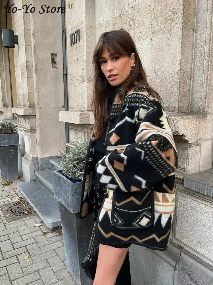 Women's Jackets Fashion Printed Loose Panelled Woolen Coat Women Long Sleeve Singel Breasted Pocket Lady Coats Geometric Retro Female Cardigan 23