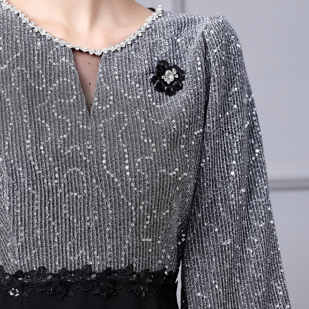 0C401N27 Autumn Women's Dress Light Luxury Mature Women's Style Sequin Patchwork Fake Two-piece Skirt Mid Length Customization