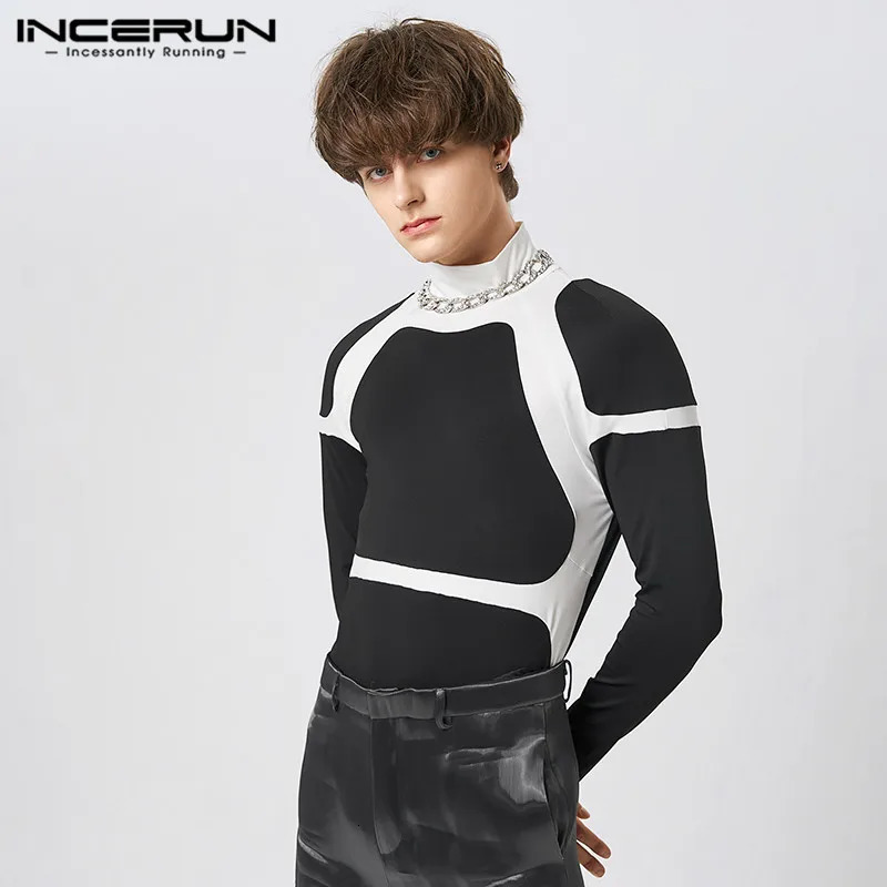 Men's TShirts Fashion Men T Shirts Patchwork Turtleneck Long Sleeve Casual Camisetas Skinny Streetwear Leisure Men Clothign S5XL INCERUN 231011