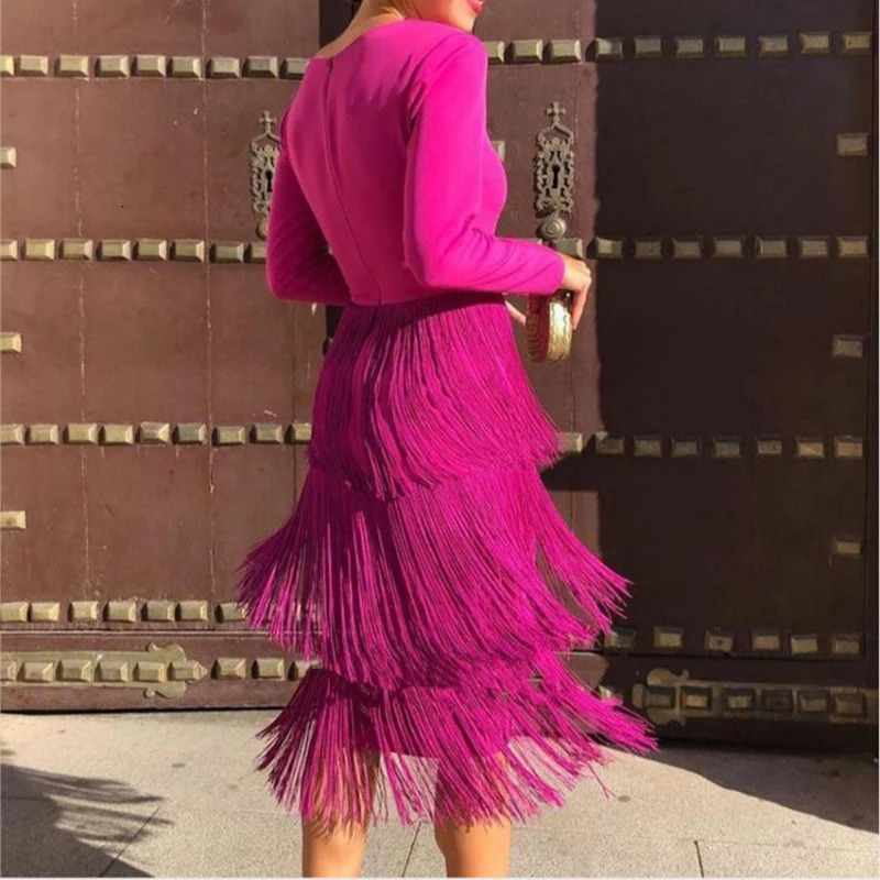 Urban Sexy Dresses Office Ladies Rose Red Fringe Sexy Dress Womens Spring Summer Fashion Knee Length Slim Party Night Dresses XXL Tassels 231011