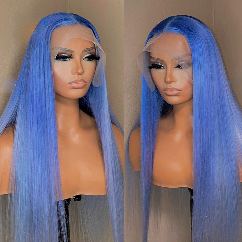 Brazilian Blue Color Straight Lace Front Wig Colored Blue Human Hair Wigs for Women Remy Preplucked Synthetic Lace Closure Wigs