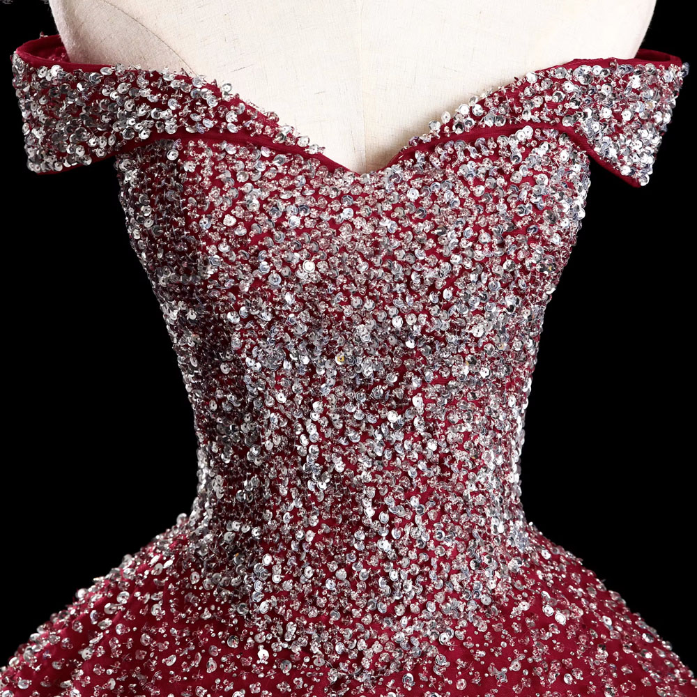 Dark Red Evening Dress Ball Gown Prom Gowns Off Shoulder Sleeveless Shining Sequins Floor Length Runway Party Dresses Real Pictures