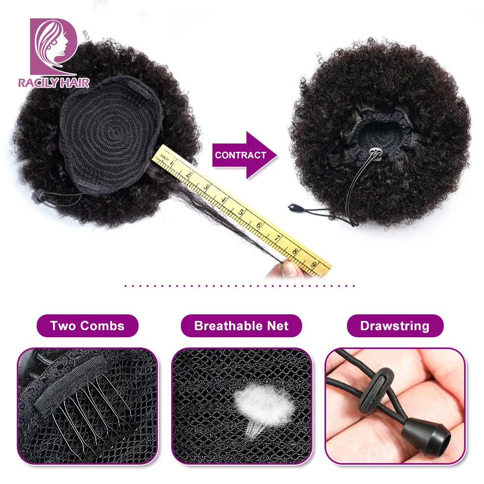 Lace Wigs Racily Hair Afro Puff Drawstring Ponytail Human Hair Brazilian Short Curly Drawstring Ponytail Afro Puff Bun Chignon Accessories 231012