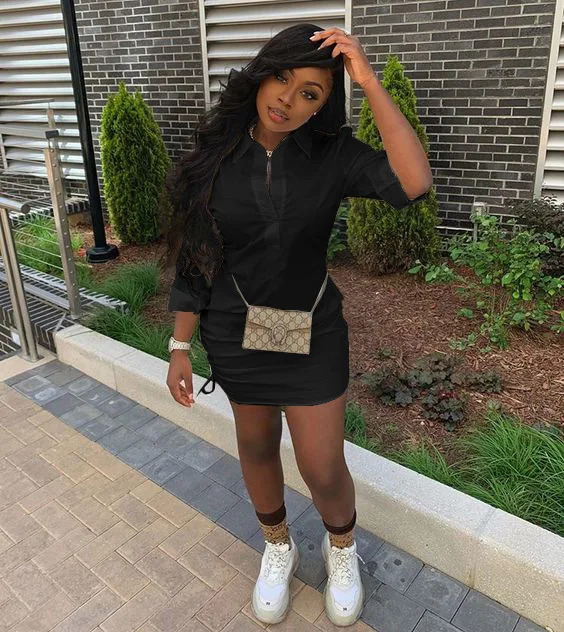 Urban Sexy Dresses Casual Ruched Mini Dres Solid Slim Button Down Shirt Bodycon Evening Club Night Out Party Dresse 231011