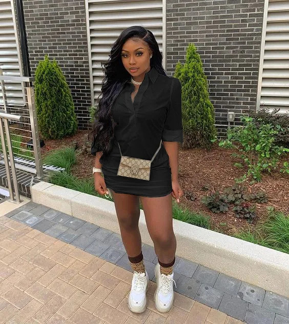 Urban Sexy Dresses Casual Ruched Mini Dres Solid Slim Button Down Shirt Bodycon Evening Club Night Out Party Dresse 231011