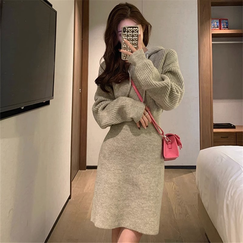 Womens hooded slim waist knitted sweater dress SMLXL