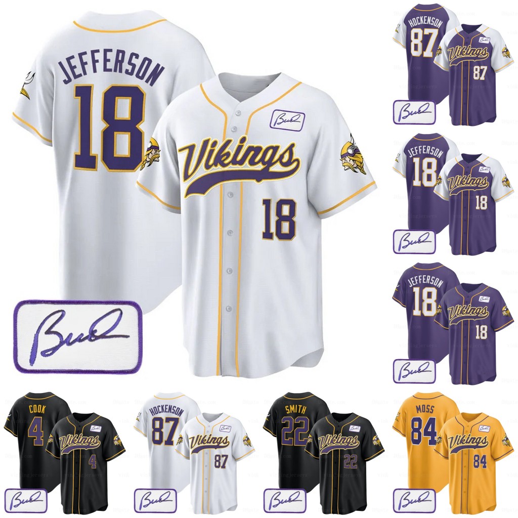 Vikings Baseball Jerseys 18 Justin Jefferson Classic 2023 Purple 8 Kirk Cousins T.J. Hockenson Harrison Smith Danielle Hunter Randy Moss Brian O'Neill SWEN Nick Osborn