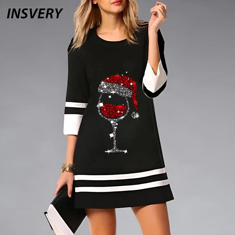 Urban Sexy Dresses Christmas For Women Fashion O Neck Wine Print 34 Sleeve Loose Party Dres Casual Mini Dress 231011