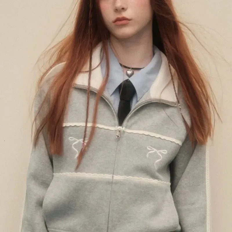 Women's Hoodies Sweatshirts Y2K Women Vintage Korean Fashion Streetwear Zip Up Crop Harajuku Bow Cropped Zipper Jackets Kpop Sweatshirt Clothes 2