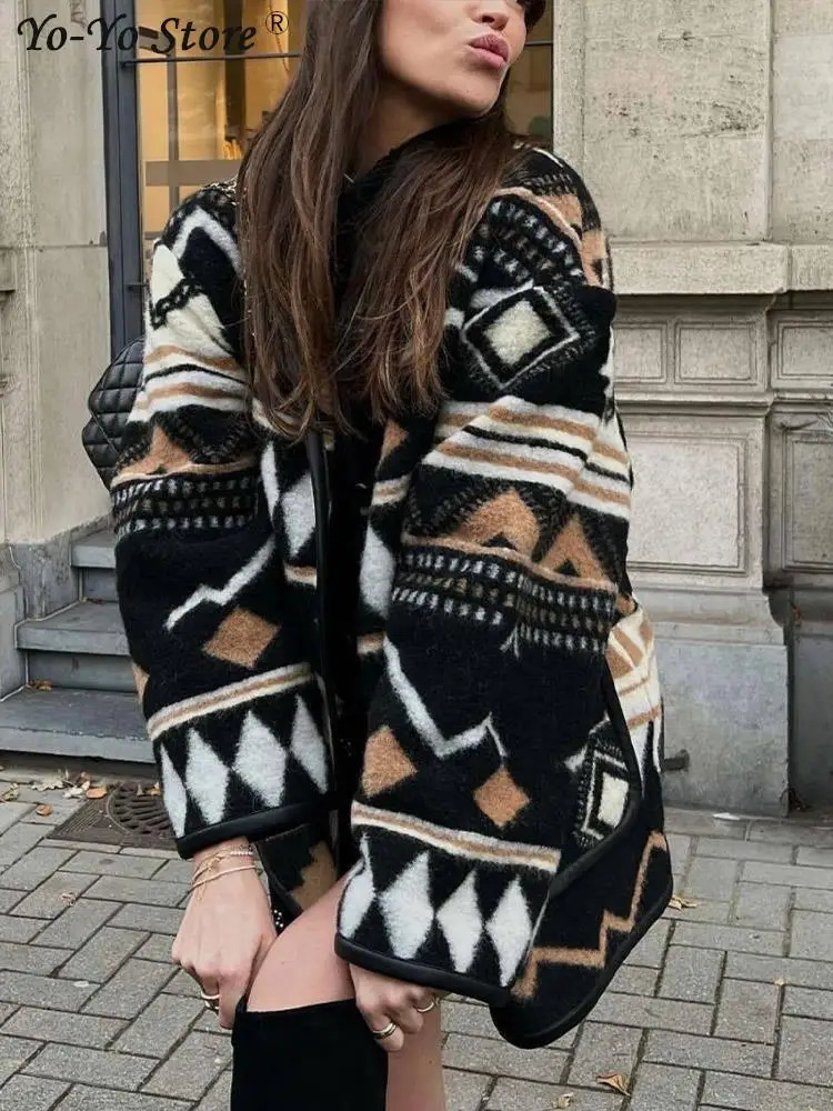 Women's Jackets Fashion Printed Loose Panelled Woolen Coat Women Long Sleeve Singel Breasted Pocket Lady Coats Geometric Retro Female Cardigan 23
