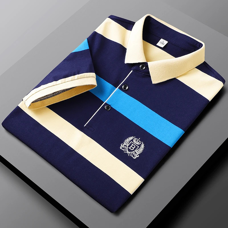 Men's Polos Summer Short Sleeve Polo Shirts Men TShirt 2023 Cotton Striped Embroidered Business Casual Men''s Clothing Male Tees 231011