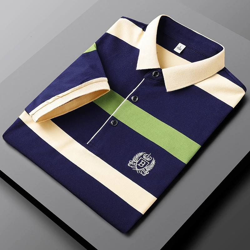 Men's Polos Summer Short Sleeve Polo Shirts Men TShirt 2023 Cotton Striped Embroidered Business Casual Men''s Clothing Male Tees 231011