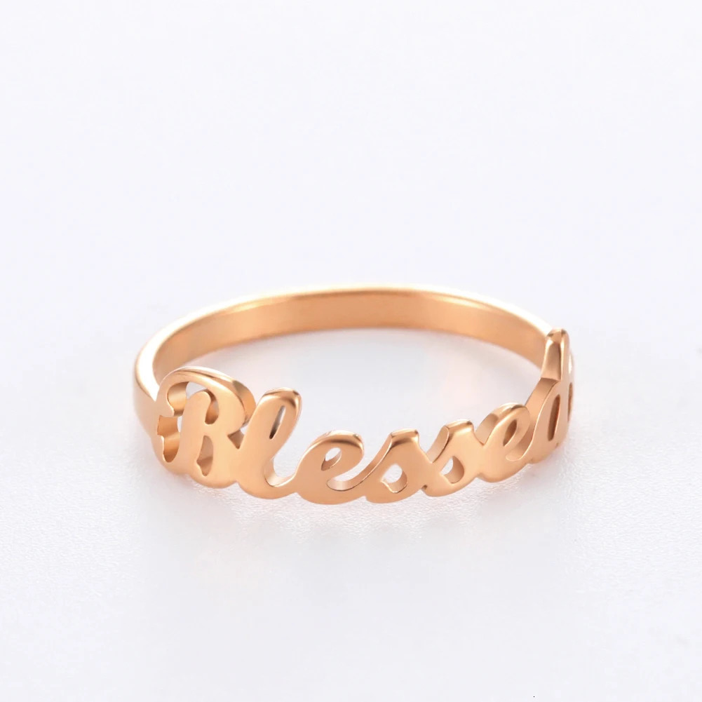 Solitaire Ring COOLTIME Letters Blessed Rings Stainless Steel Gold Color Couple Finger for Women Men Fashion 2023 Wedding Jewelry Gift 231012