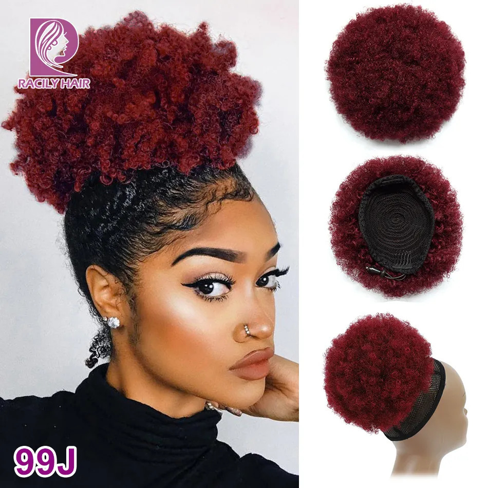 Lace Wigs Racily Hair Afro Puff Drawstring Ponytail Human Hair Brazilian Short Curly Drawstring Ponytail Afro Puff Bun Chignon Accessories 231012