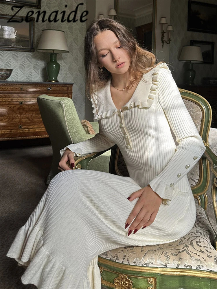 Urban Sexy Dresses Zenaide Fall Ruffles Patchwork Knit Midi Dress for Women Elegant Ribbed Long Sleeve Party Gown Knitwear Fashion Vintage 231011