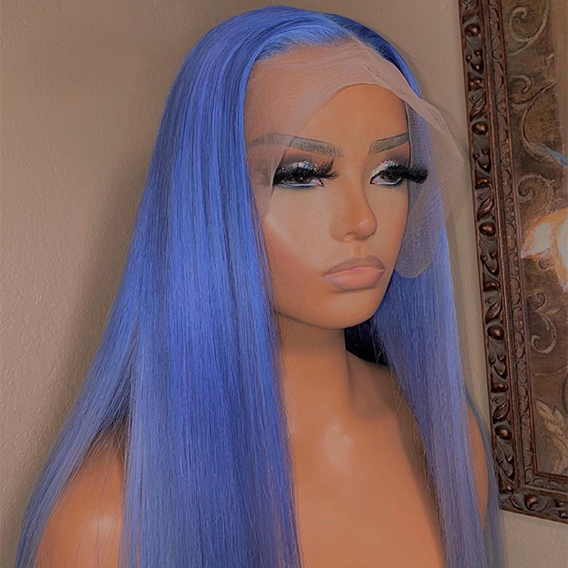 Brazilian Blue Color Straight Lace Front Wig Colored Blue Human Hair Wigs for Women Remy Preplucked Synthetic Lace Closure Wigs