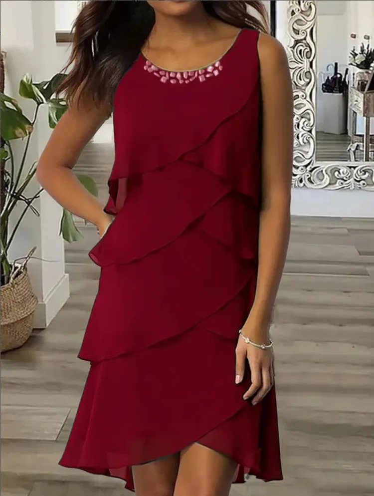 Urban Sexy Dresses 2023 Casual Summer Women Dress Solid Color Chiffon Fashion Sleeveless ONeck KneeLength Party Tiered 231011