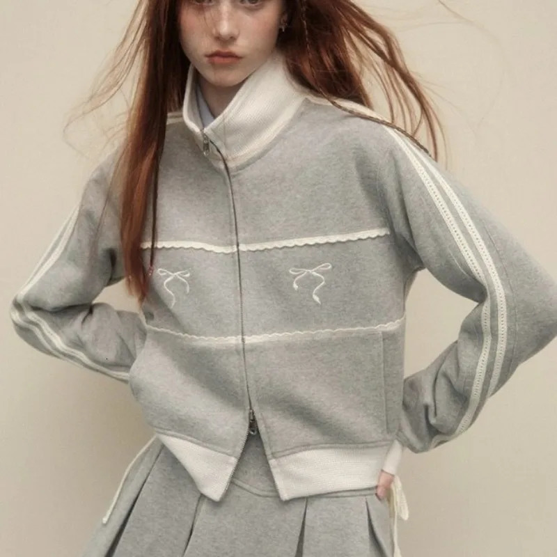 Women's Hoodies Sweatshirts Y2K Women Vintage Korean Fashion Streetwear Zip Up Crop Harajuku Bow Cropped Zipper Jackets Kpop Sweatshirt Clothes 2