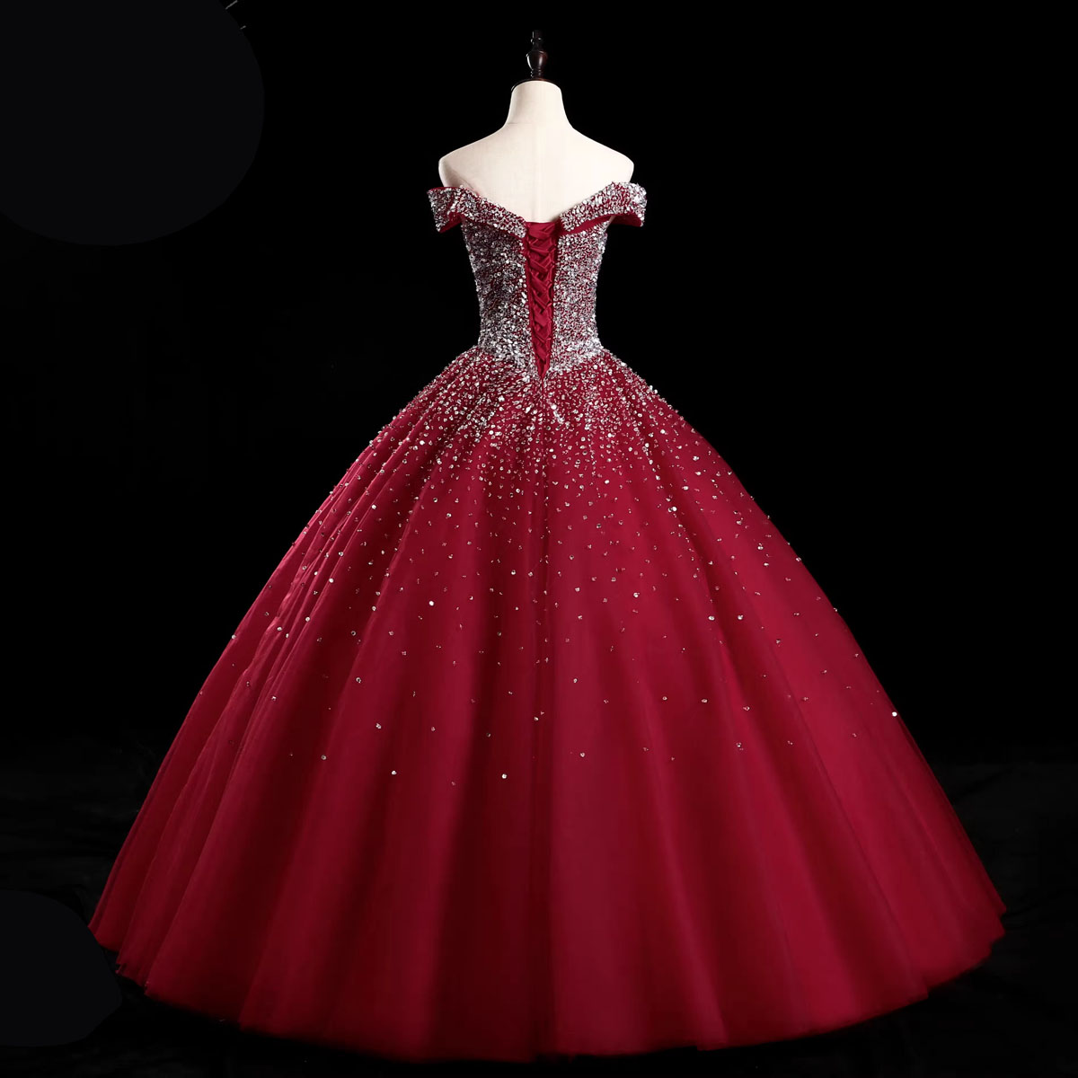 Dark Red Evening Dress Ball Gown Prom Gowns Off Shoulder Sleeveless Shining Sequins Floor Length Runway Party Dresses Real Pictures