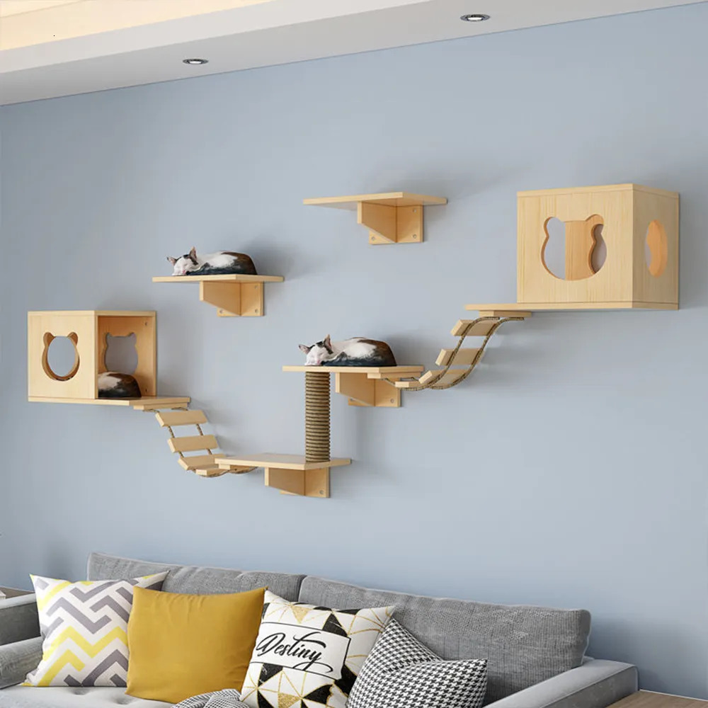 Scratchers Wall Mounted Cat Climbing Frame Post Solid Wood Jumping Platform For Sleeping DIY Furniture Kitten Springboard Scratching Toy 231011