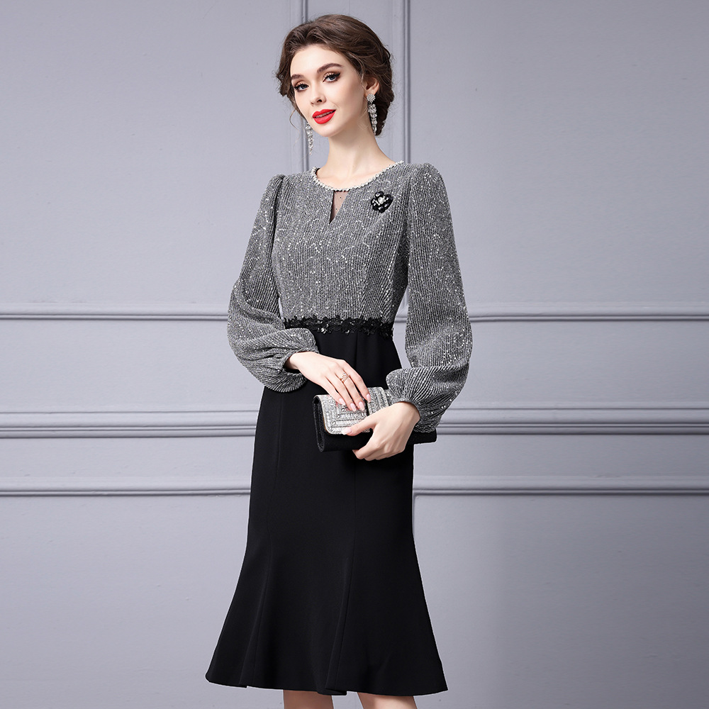 0C401N27 Autumn Women's Dress Light Luxury Mature Women's Style Sequin Patchwork Fake Two-piece Skirt Mid Length Customization