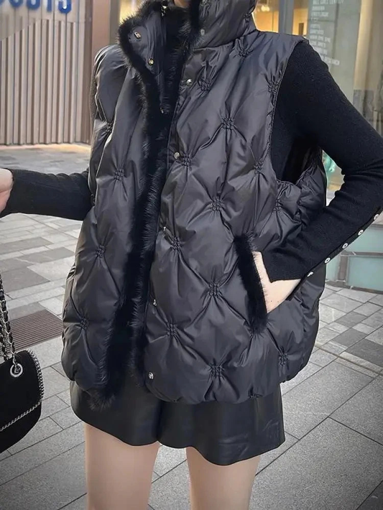 Women's Jackets Autumn Winter Women Mink Hair Short Down Vest Female Embroidery Sleeveless Jacket Coat Stand Collar Button Korean Puffer 231012