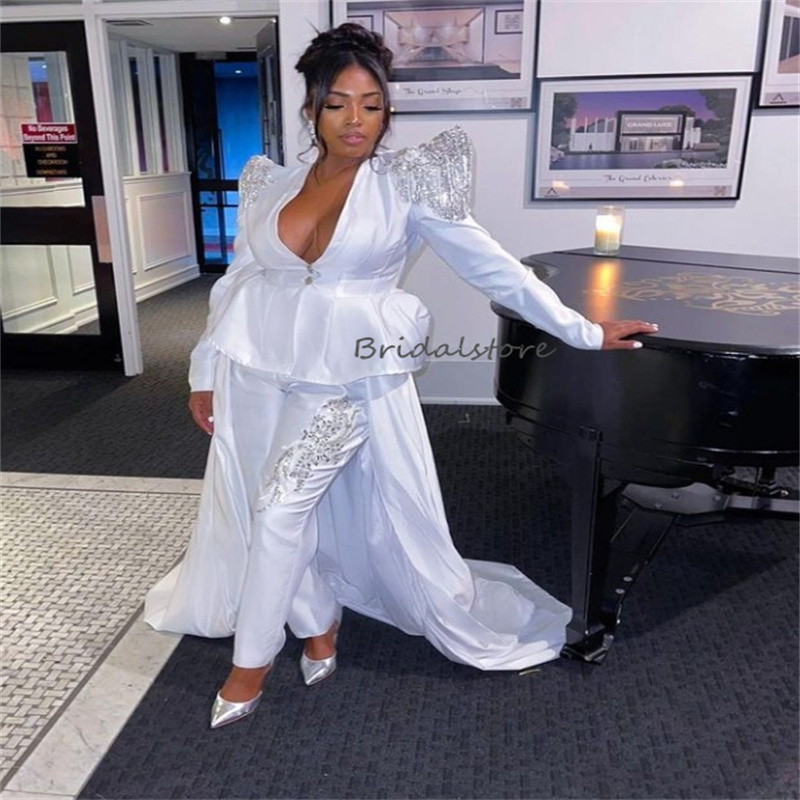 Elegant Nigeria African Jumpsuit Wedding Dress With Overksirt Train Plus Size Long Sleeve Beaded Fall Garden Outfitt Bride Dress Rustic Garden Bridal 