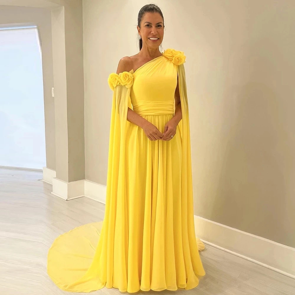 Elegant Yellow Evening Dresses one shoulder 3D Flower Chiffon Long Prom Gowns A-Line Women Formal Party Guest Robe De Soiree